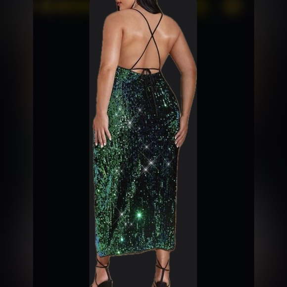 Luxe Velvet Sequin Side Slit Criss Cross Holiday Evening Wedding Dress Black - Picture 2 of 6